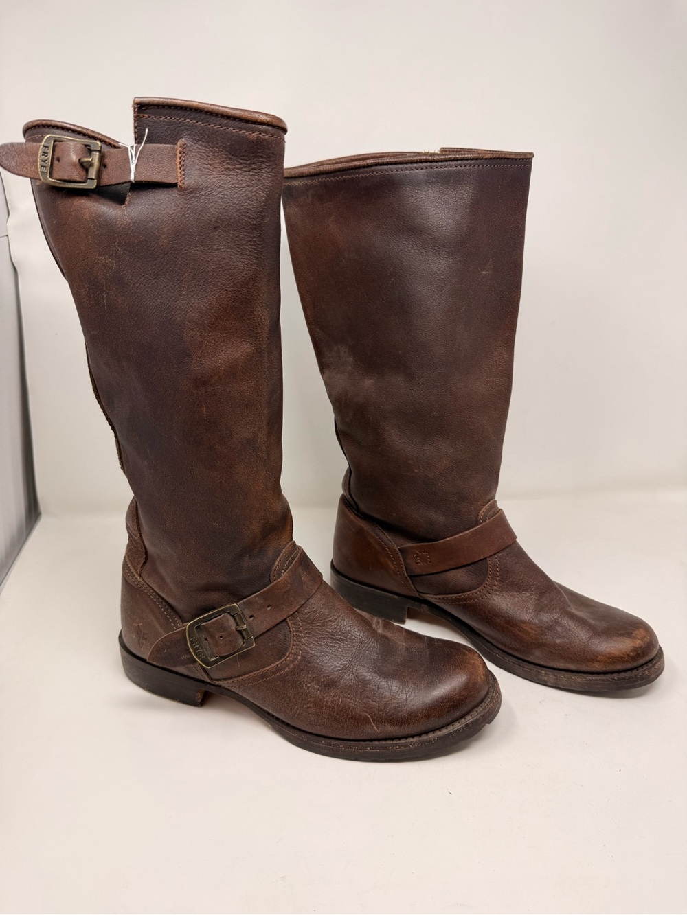 Frye Vintage Leather Brown Buckle Harness Riding Biker Moto Tall Engineer Boots